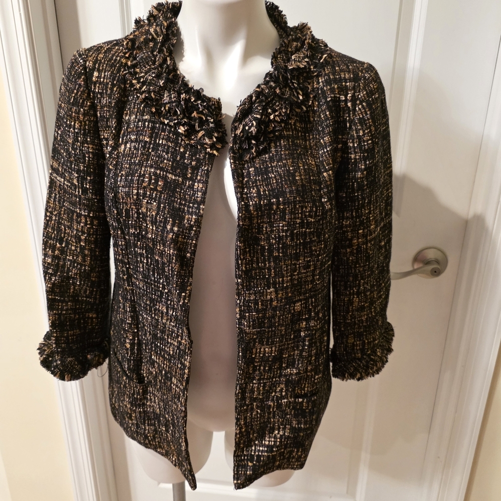 Sara Campbell Black and Gold Tweed Jacket with Fringe Trim